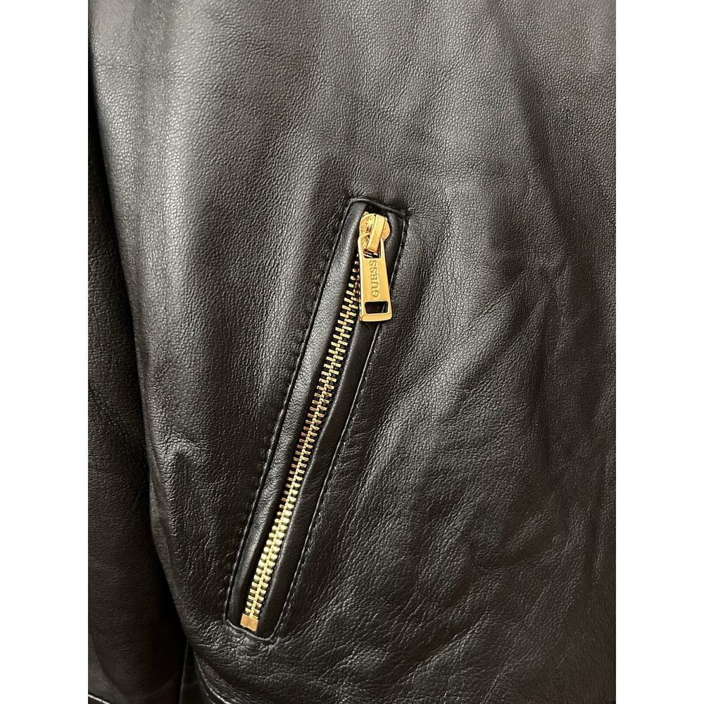 Guess Women’s Black Leather Moto Quilted Shoulder Gold Zips Biker Jacket Size M - Picture 7 of 16